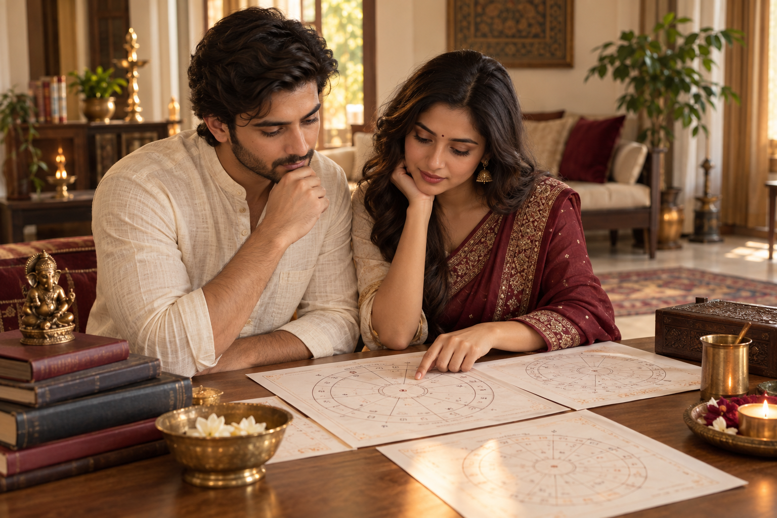 An Indian couple discussing their birth charts together