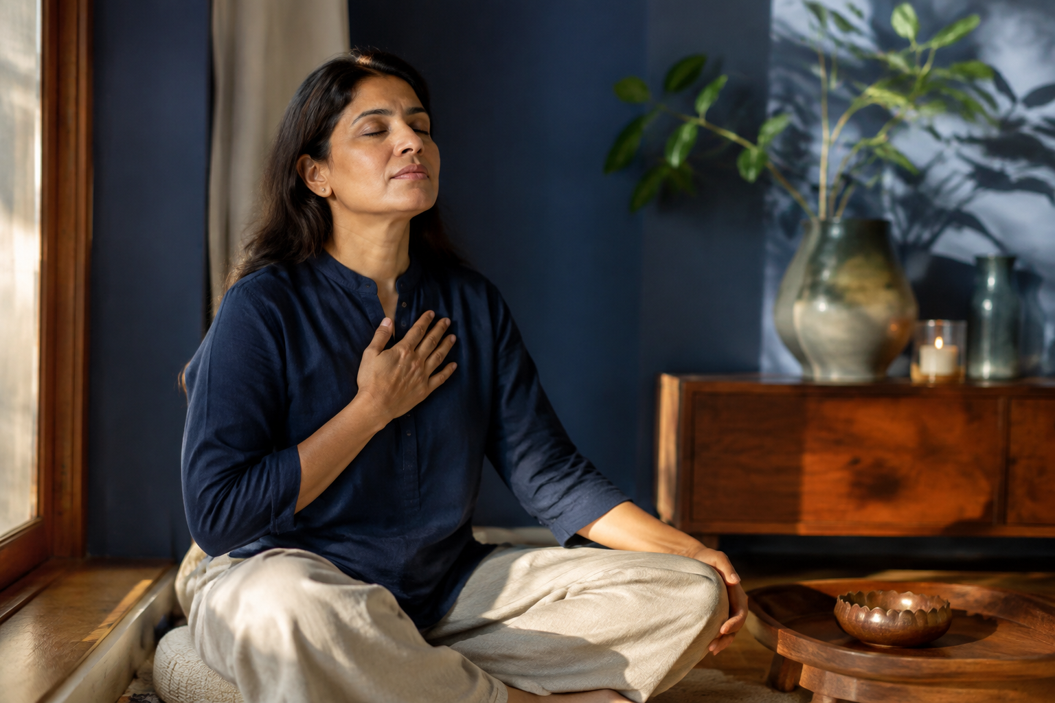 Calm Indian adult in a refined natural wellness setting
