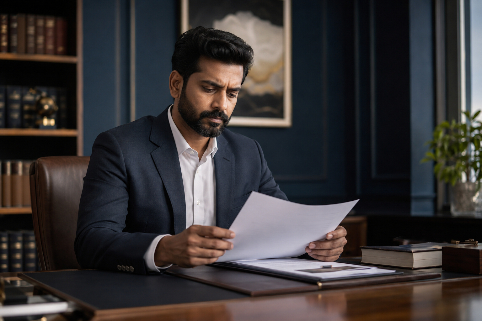 Indian professional reviewing legal documents in a refined office