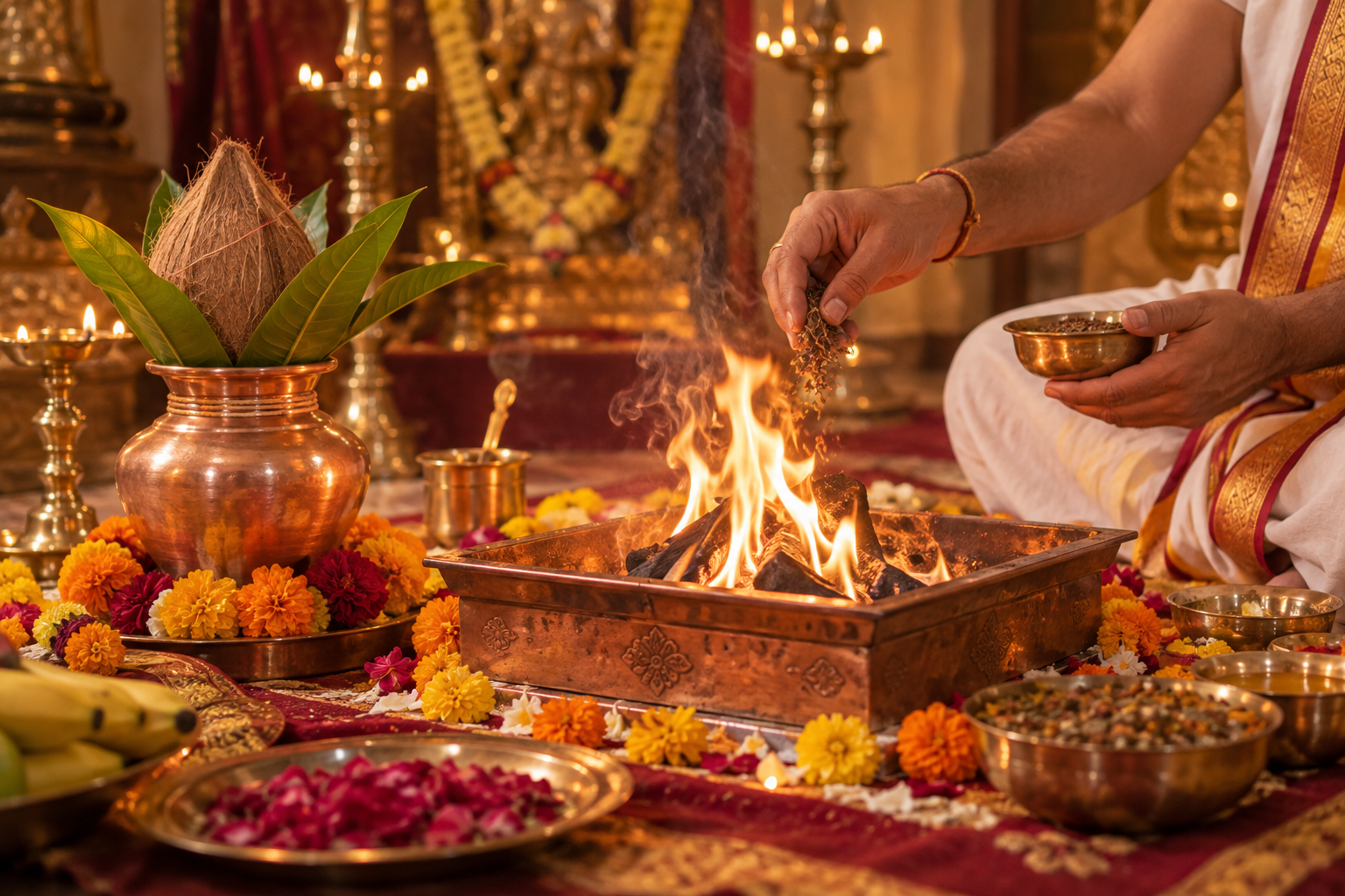 Sacred havan fire with copper kalash and marigold offerings during a Vaidic pooja